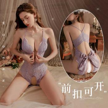 蕾丝蝴蝶饰臀露胸开裆连体衣 性感深V 前扣可解