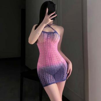 渐变色镂空可撕包臀连身网衣 调情透视 露胸免脱